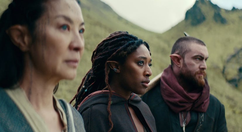 Sophia Brown (Éile), Michelle Yeoh (Scían), and Laurence O'Fuarain (Fjall) in 'The Witcher: Blood Or...