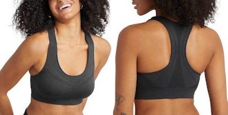 This sports bra for narrow shoulders has a racerback and mesh details.