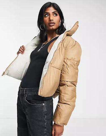 Nude cropped top puffer jacket