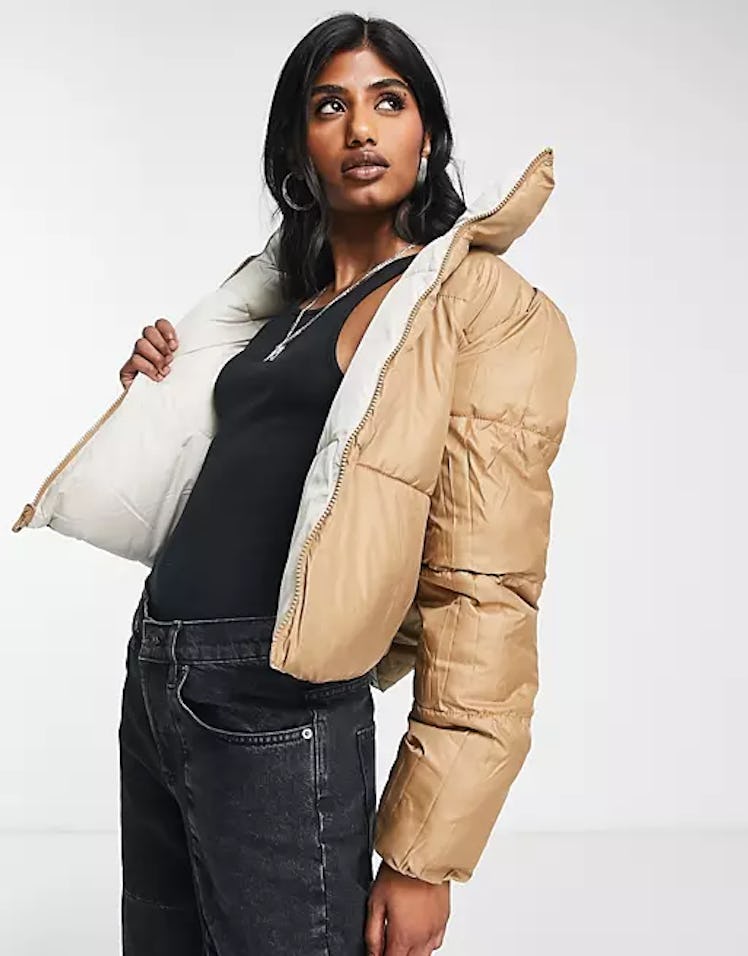 ASOS Only reversible padded jacket in cream and camel