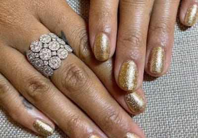 H.E.R. gold glitter nails short natural length