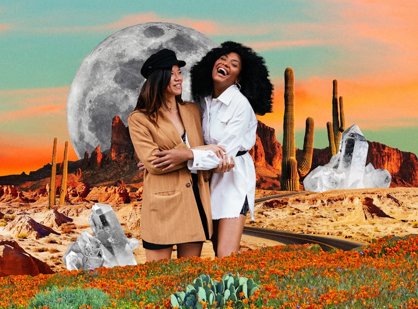 Two friends laughing in front of a big moon after learning their 2023 friendship horoscope.