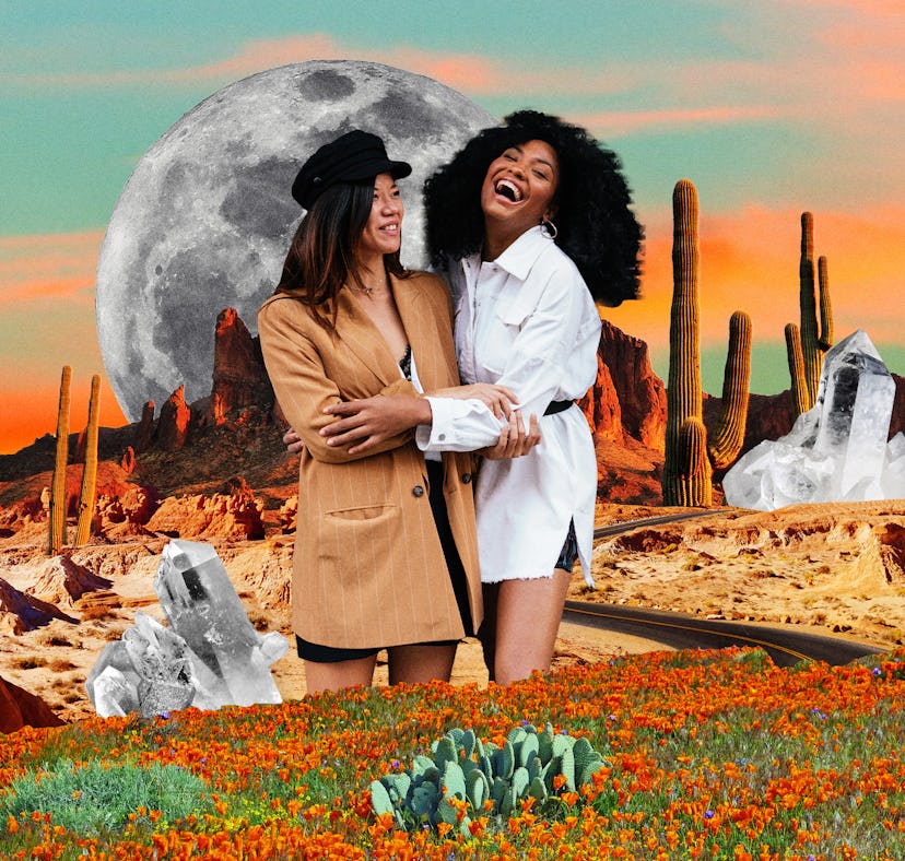 Two friends laughing in front of a big moon after learning their 2023 friendship horoscope.