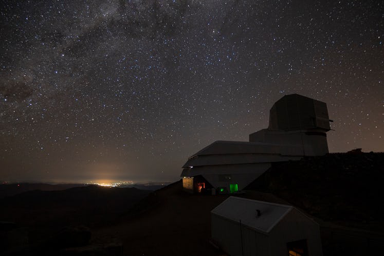 An image of the Vera Rubin Observatory at night.