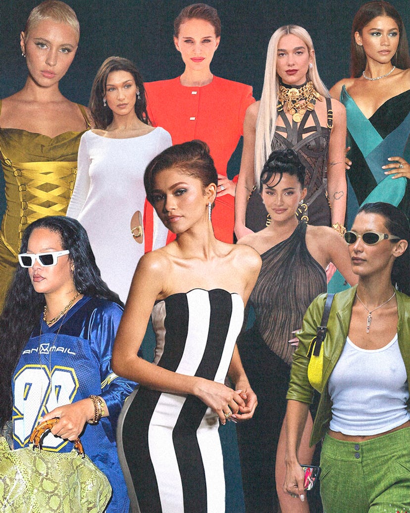 A collage of different celebs wearing vintage fashion. The list includes, Zendaya, Kylie Jenner, and...