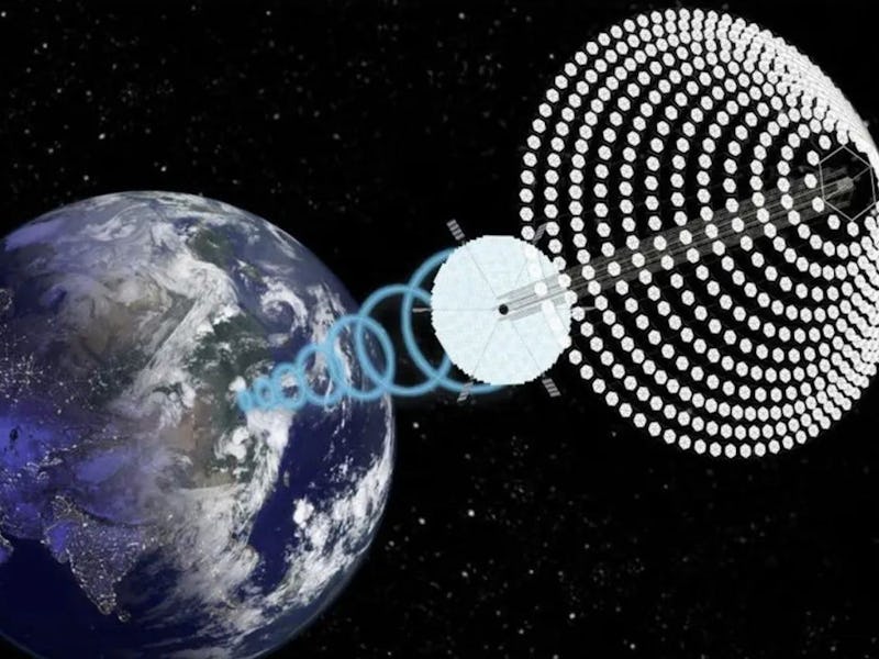 An illustration of a space-based solar power satellite.