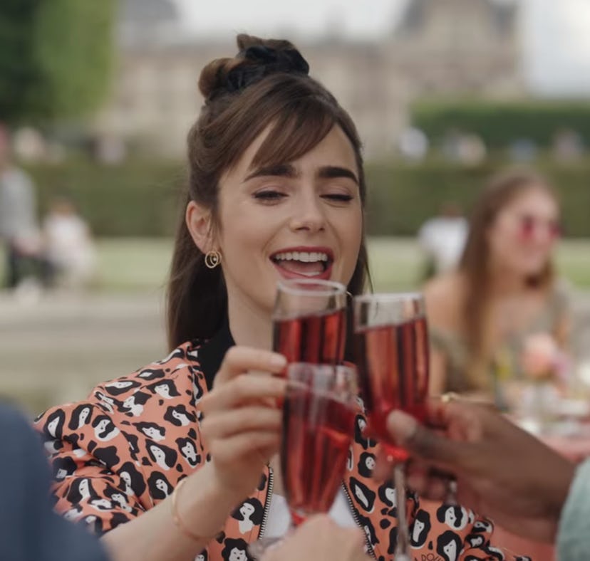 Emily enjoys Kir Royale cocktail in 'Emily In Paris' Season 3.