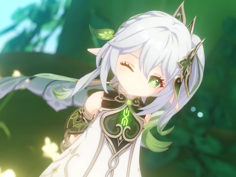 Nahida winking in flower field