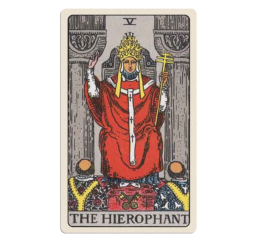 The meaning of the Hierophant tarot card is about learning from religious and spiritual guidance.