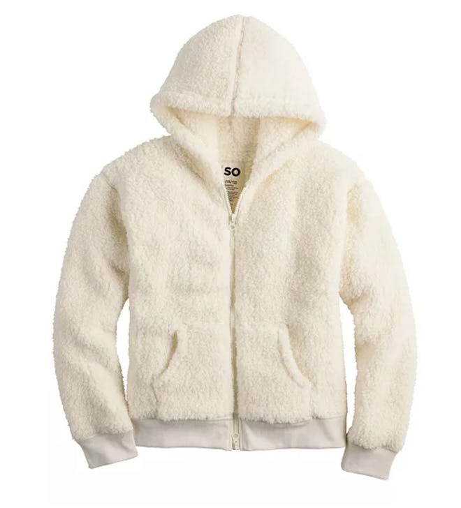 white sherpa zip up hoodie for adaptive clothing for kids