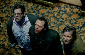 Nick Frost, Simon Pegg, and Paddy Considine all look up in disbelief in The World's End