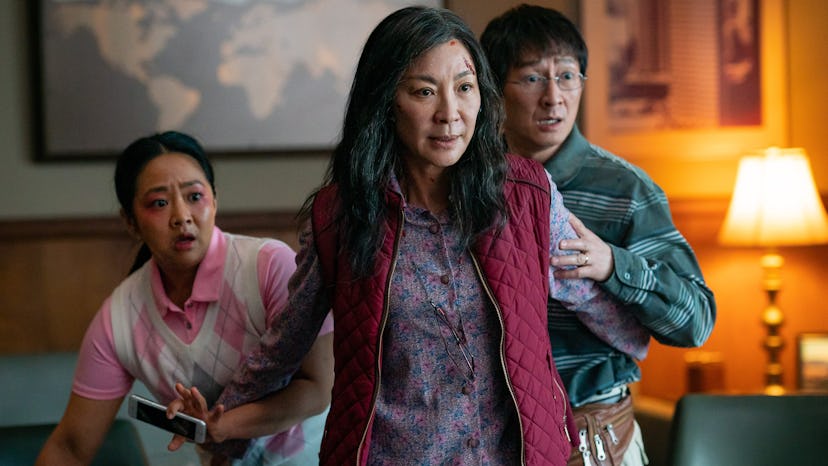 Stephanie Hsu, Michelle Yeoh, and Ke Huy Quan in Everything Everywhere All at Once.