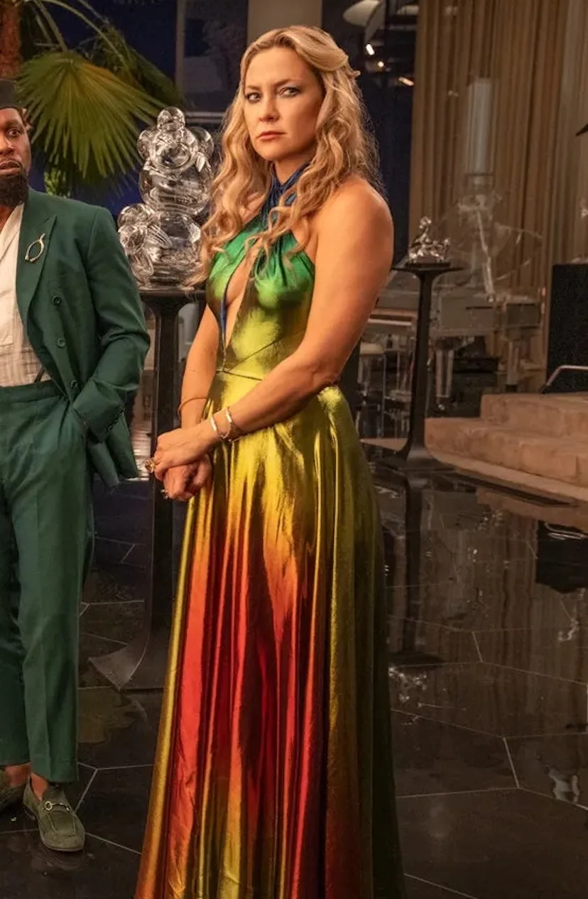 metallic rainbow dress glass onion Kate Hudson Is Literally Dripping With Sparkles at the 'Glass Onion' PremiereSee Pics