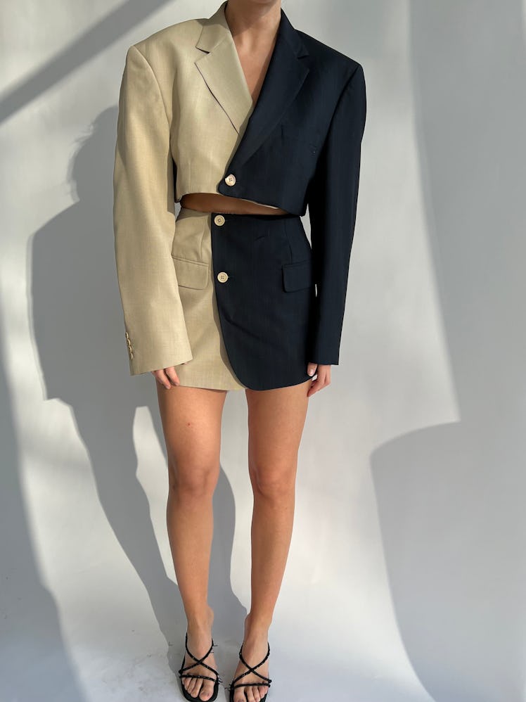 Havre Studio two-tone beige and navy skirt and blazer set