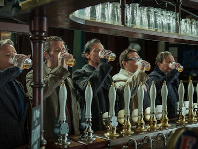 Martin Freeman, Paddy Considine, Simon Pegg, Nick Frost, and Eddie Marsan all drink from their beer ...