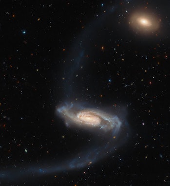 Color photo of a spiral galaxy with two extra-long spiral arms curving out into the blackness of spa...