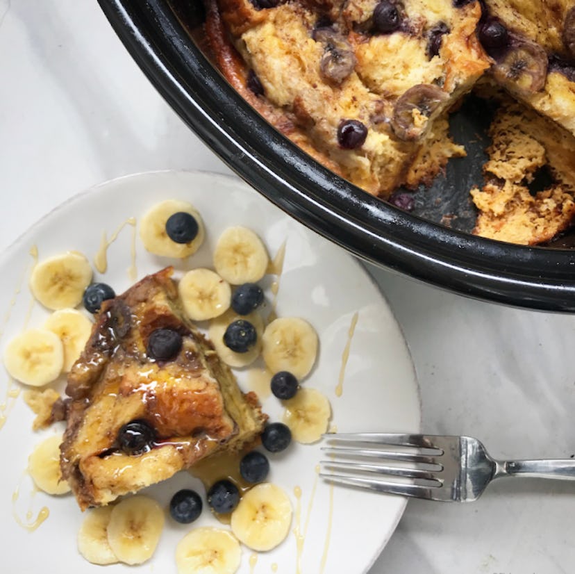 Slow cooker banana blueberry french toast is one of the best school morning breakfast ideas.