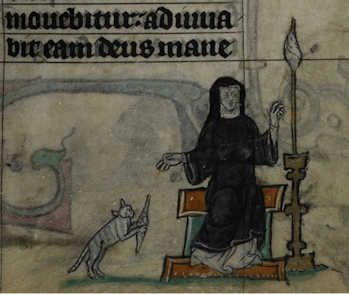 Detail of a miniature of a nun spinning thread, as her pet cat plays with the spindle; from the Maas...
