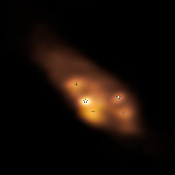 Cloud of orange material on a black background;  the two brightest points represent the stars, and three...