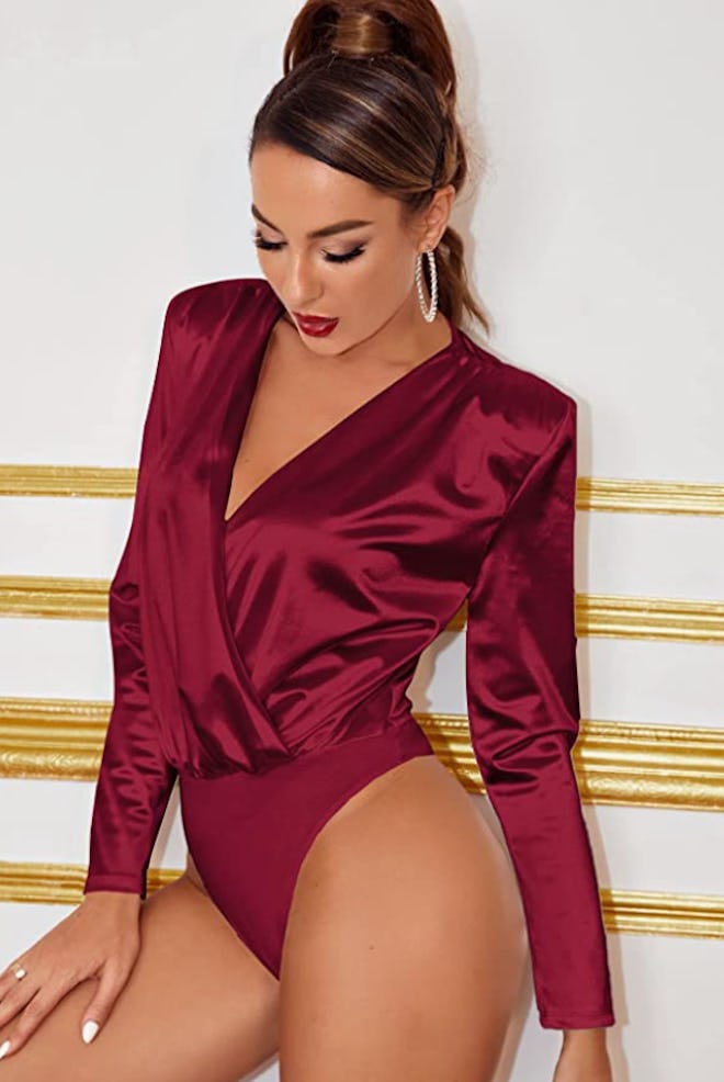 Romwe Satin Long Sleeve Wrap Bodysuit 