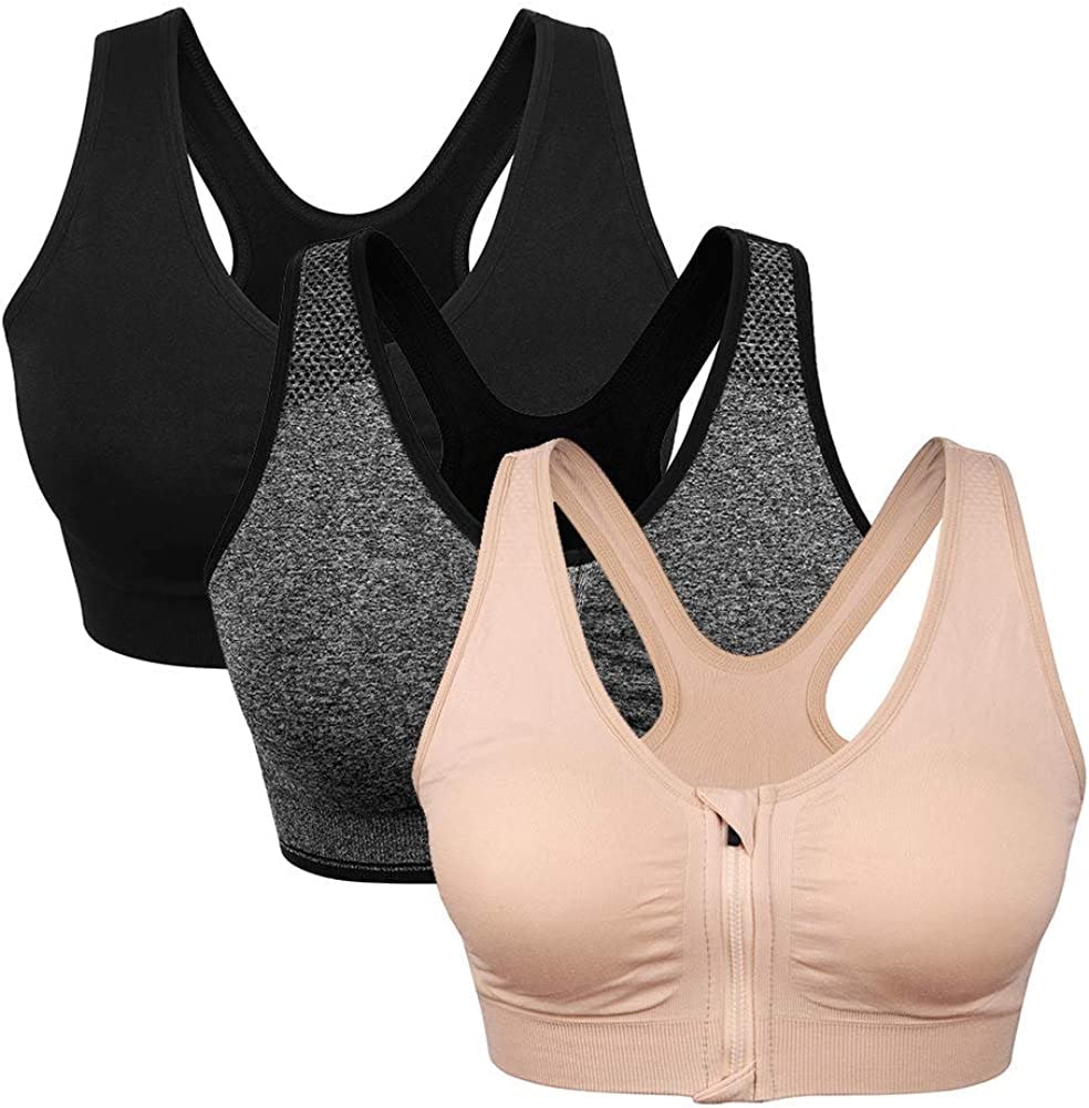 WANAYOU Zip Front Post-Surgery Sports Bra (3-Pack)