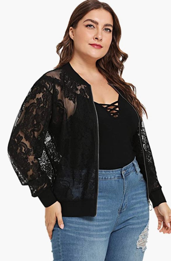 Floerns Sheer Floral Lace Long Sleeve Baseball Jacket