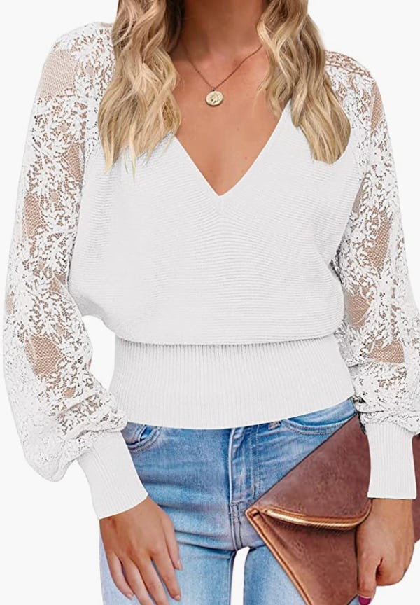 ZCSIA Long Sleeve V Neck Lace Sweater