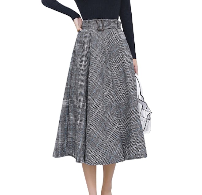 Tanming Wool Plaid A-Line Pleated Skirt