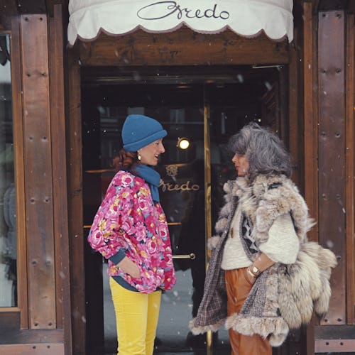 Isa Genolini and Maria Antonia in the main street of Cortina d'Ampezzo, Italy, March 1982.