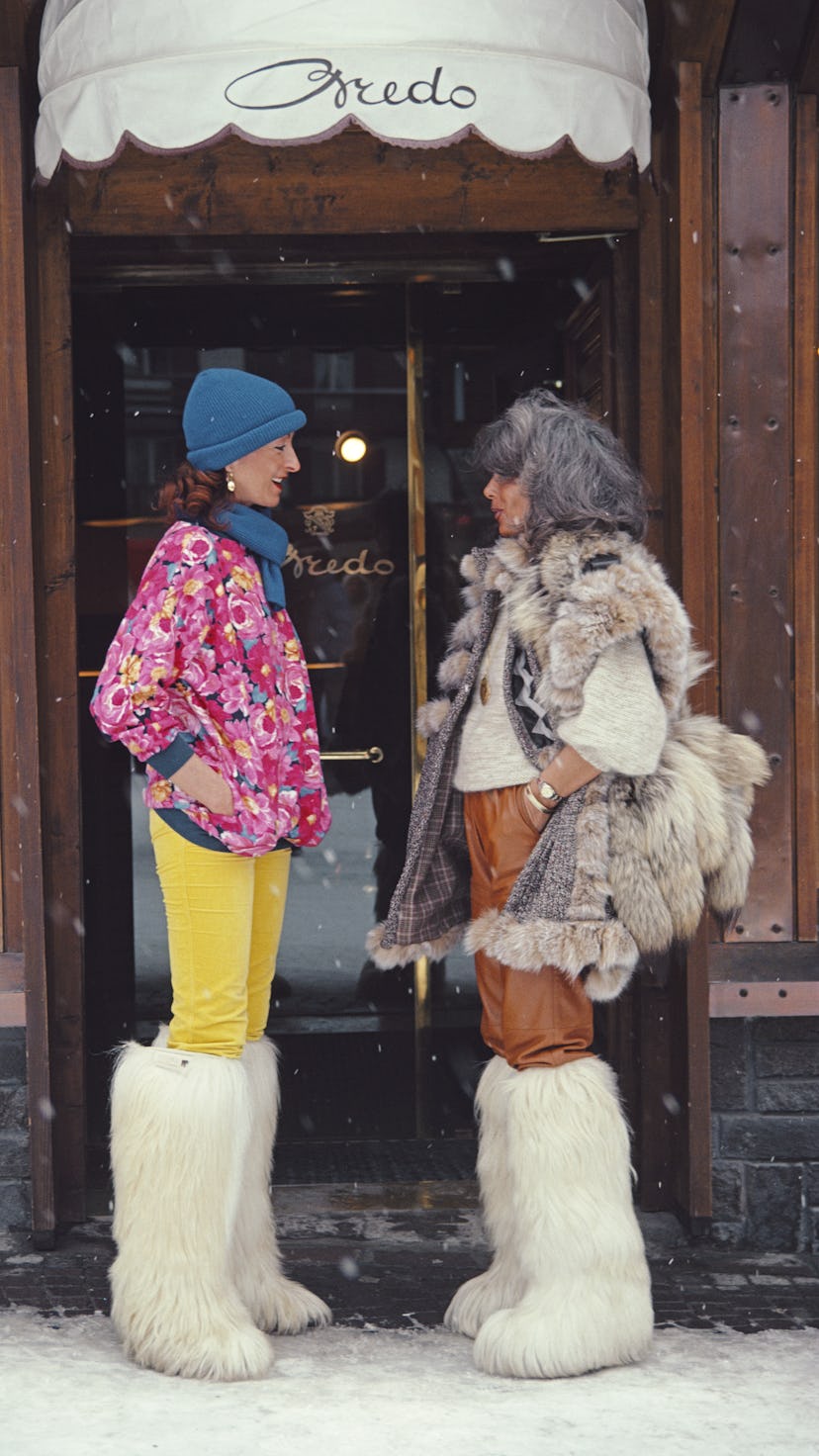 Isa Genolini and Maria Antonia in the main street of Cortina d'Ampezzo, Italy, March 1982.