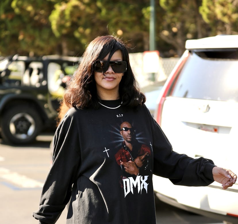 Rihanna wearing an oversized shirt