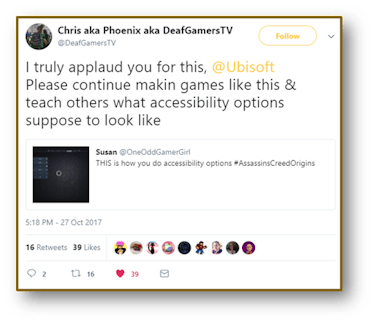 A Twitter post that praises Ubisoft's use of subtitles in Assassin's Creed Origins.