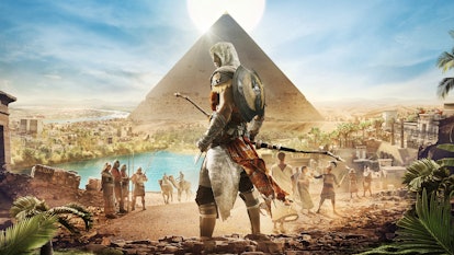 Key art from Assassin's Creed Origins, showing a man holding a bow with a pyramid in the distance.