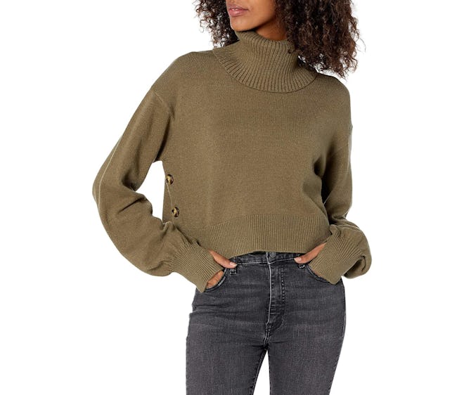 The Drop Side Button Cropped Turtleneck Sweater
