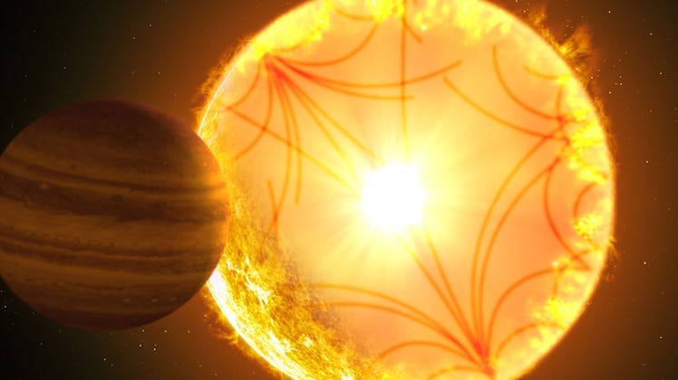 A striped gas giant orbits close to a much larger blazying yelow star.