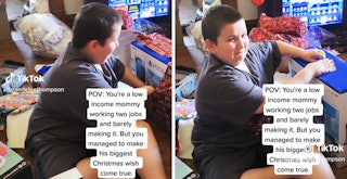 Boy gets emotional opening presents when he sees his mother crying.