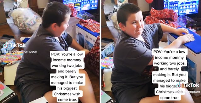 Boy gets emotional opening presents when he sees his mother crying.