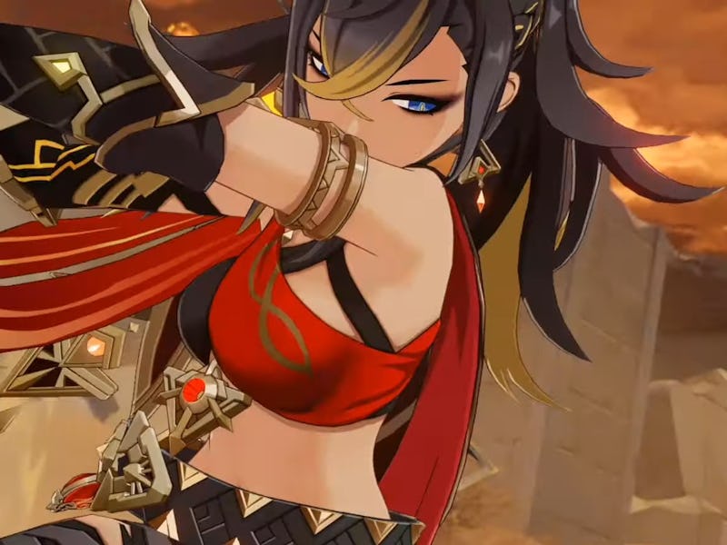 Dehya swinging her Claymore in a Genshin Impact cutscene
