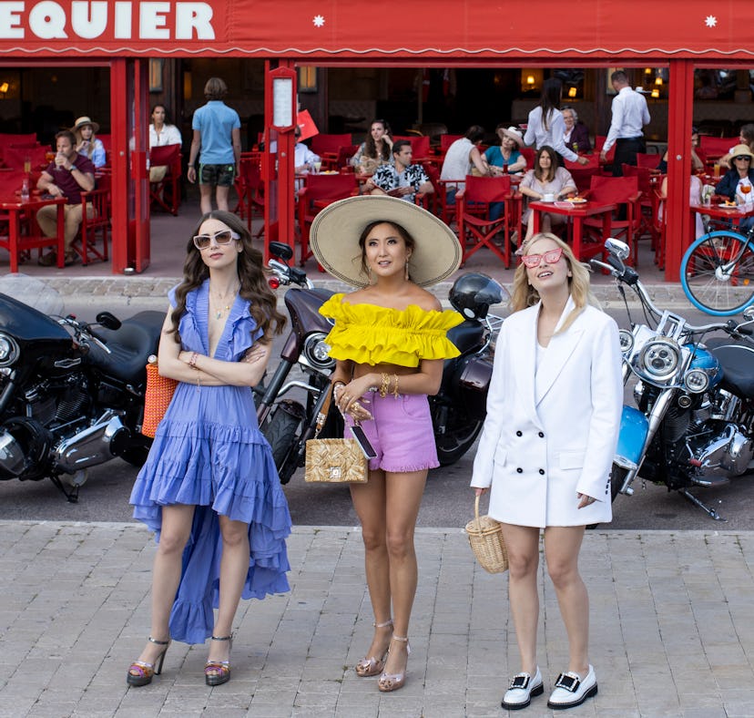 Lily Collins as Emily, Ashley Park as Mindy, Camille Razat as Camille in Emily in Paris