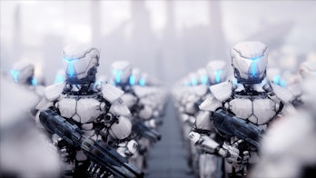 Robot army holding guns 