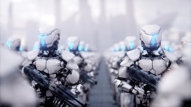 Robot army holding guns 