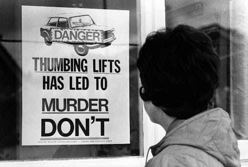 Police poster on shop window in 1973 warning public about the Saturday Night Strangler