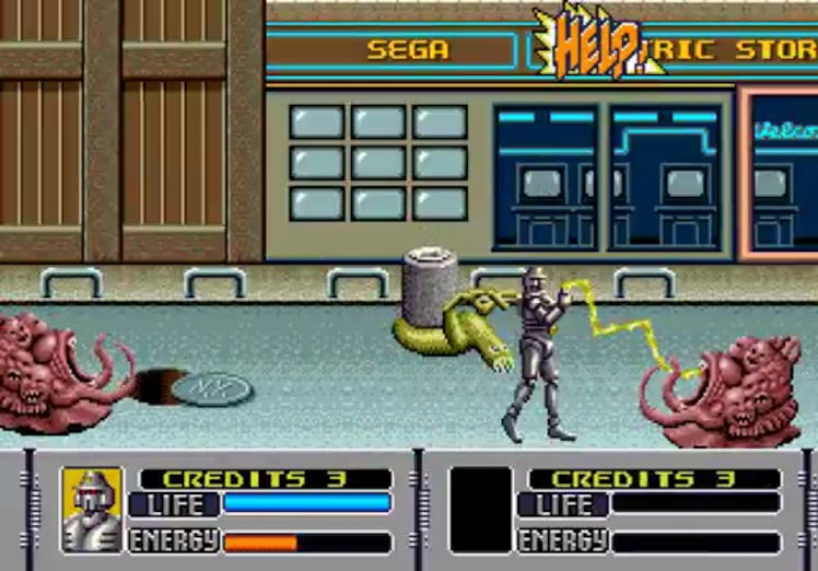 Screenshot of Alien Storm showing robot with an electric whip.