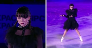 Kamila Valieva performed the "Wednesday" dance during her figure skating routine last week. Here, sh...
