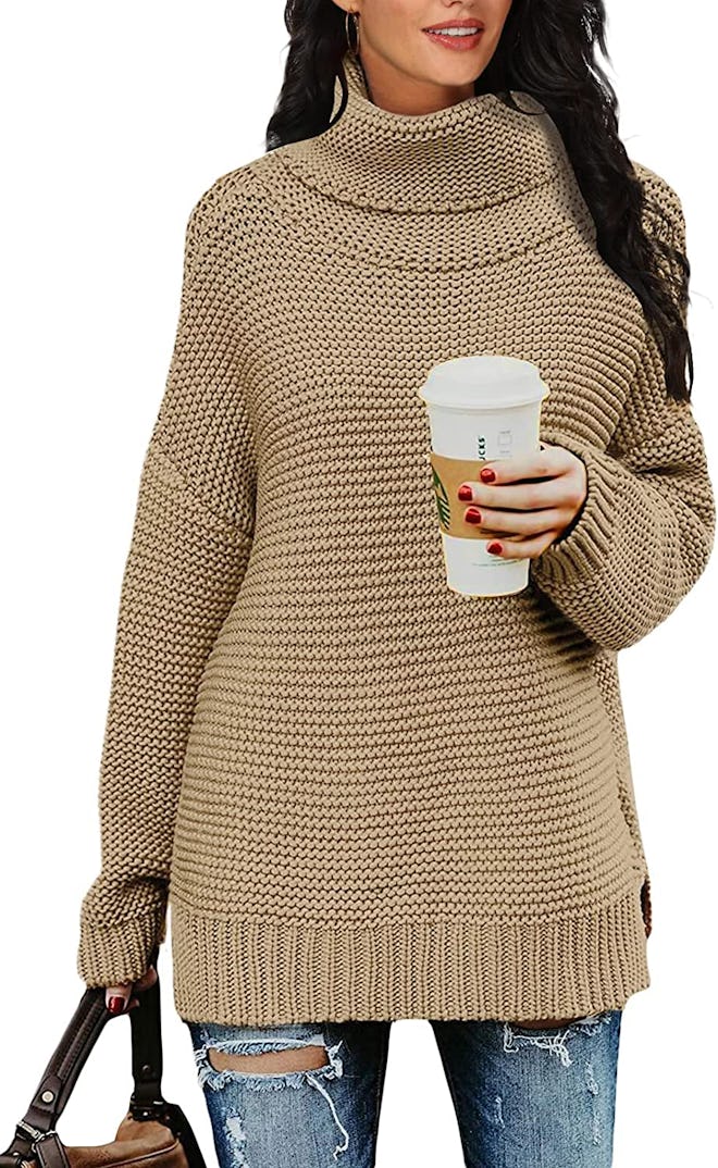 PrinStory Chunky Turtleneck Sweater With Side Slits