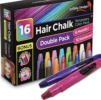 This pack of hair chalk is great if you're looking for temporary hair dyes for dark hair without ble...