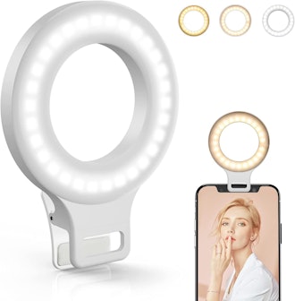 this Kimwood Rechargeable Clip-On Ring Light works for smartphones, tablets, and laptops