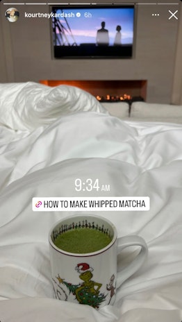 Kourtney Kardashian shares her matcha latte recipe on Instagram with whipped matcha foam on top. 