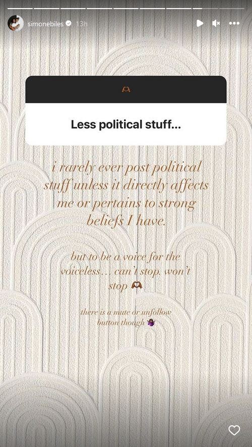 Simone Biles explained to a fan why she won&rsquo;t post &ldquo;less political stuff&rdquo; on social media.