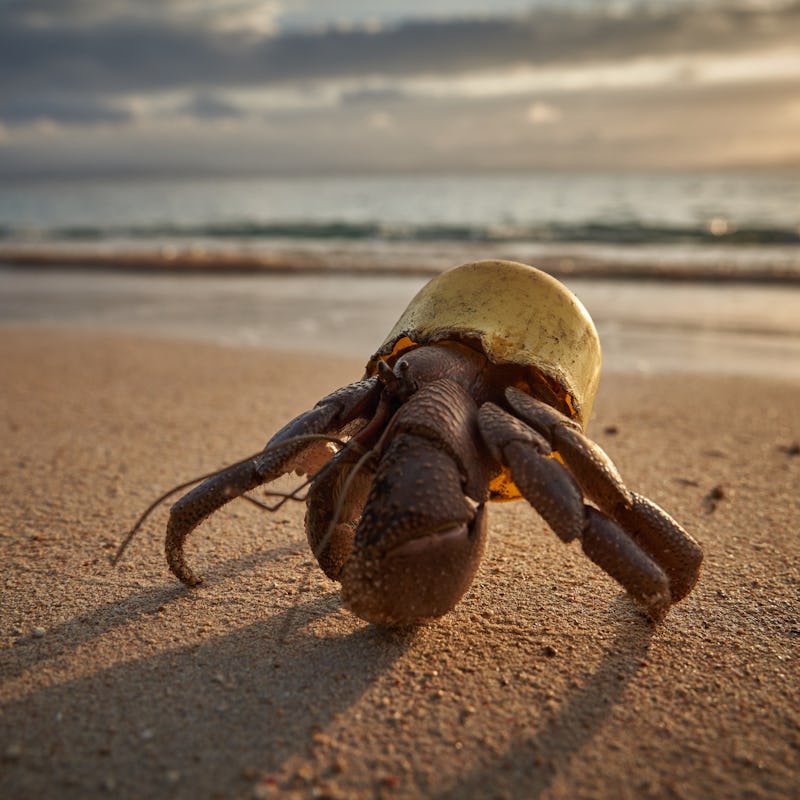 A terrestrial hermit crab wears its new shell, a faded yellow plastic bottle cap, in front of a post...